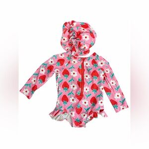 SHEIN Pink Strawberry Print Long Sleeve One-Piece Swimsuit with Hat